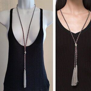 WHBM Genuine Leather Silver Tone Long Chain Tassel Trendy Giftable Great Gift